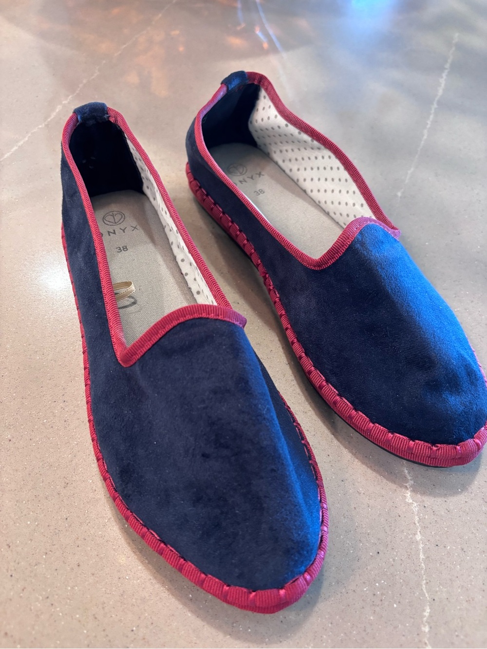 Onyx Navy Velvet Slip-Ons with Burgundy Trim
